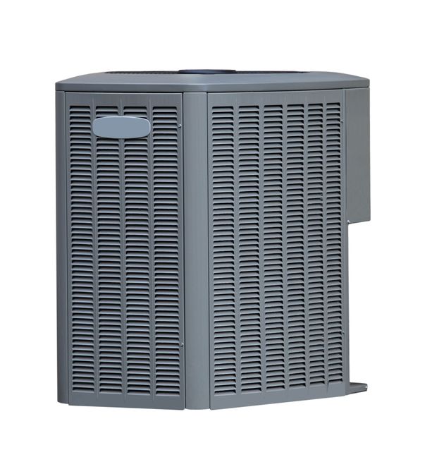 Gray outdoor HVAC unit with vented panels and top fan grille