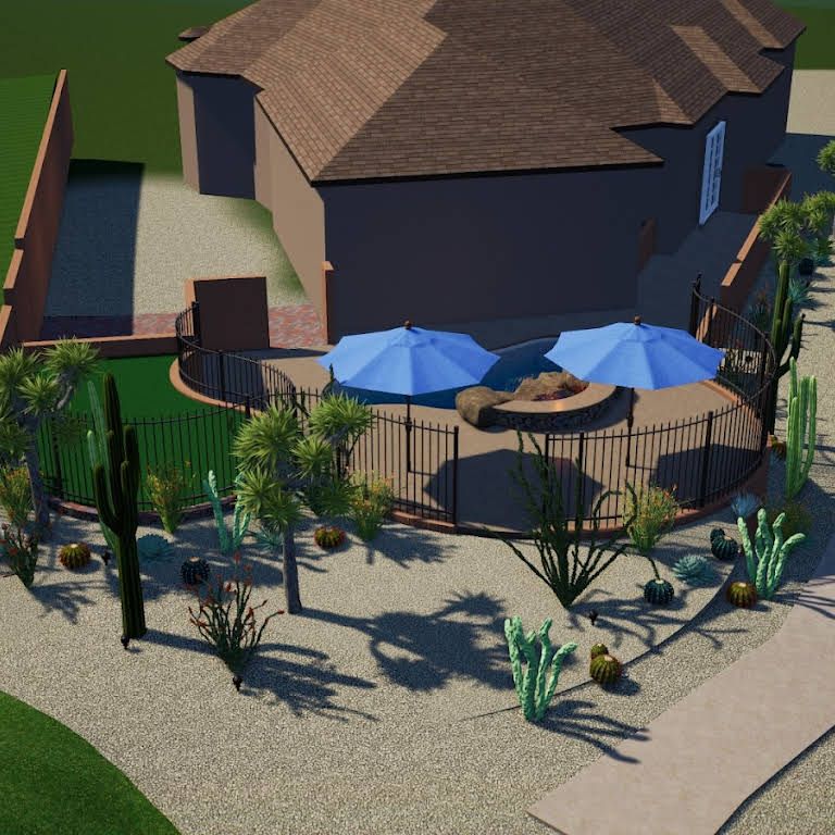 An aerial view of a house with blue umbrellas