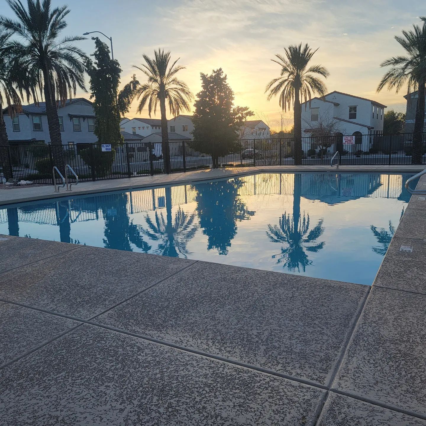 A swimming pool with palm trees in the background at sunset