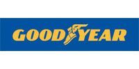 A blue and yellow good year logo on a white background.