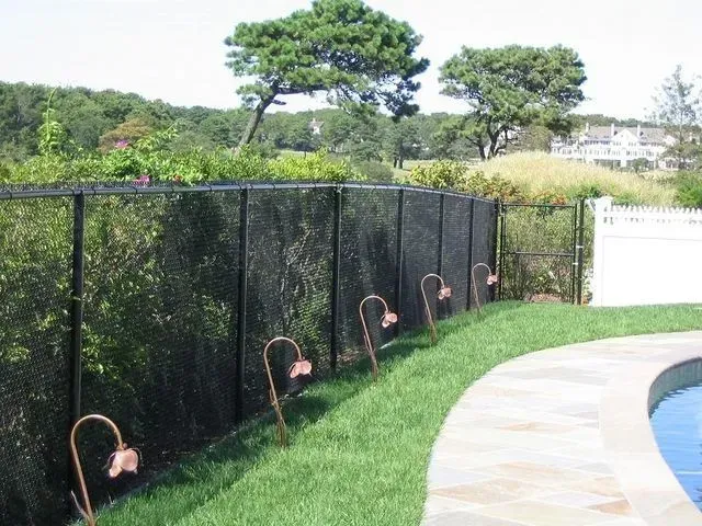 A black mesh pool safety fence curves along a stone patio bordering a grassy yard with copper-colored landscape lights.