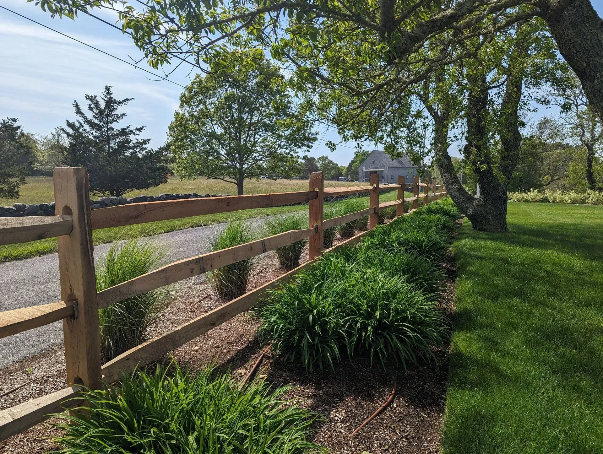 A rustic wooden split-rail fence lines a gravel driveway next to a lush green lawn, trees, and small garden plants.