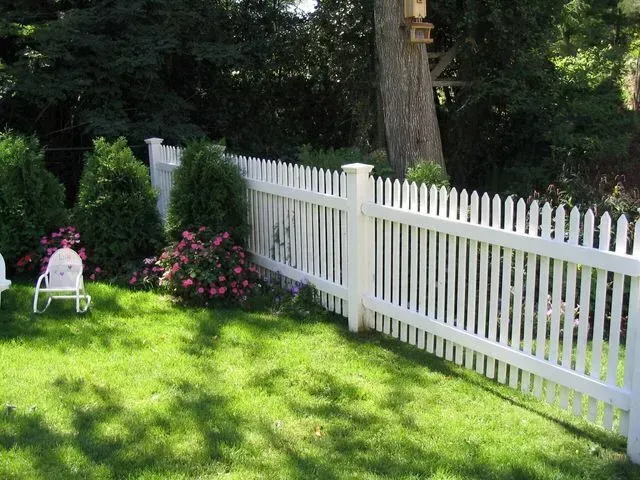 A white picket fence runs across a sunny, green lawn with small bushes and flowers near a tree.