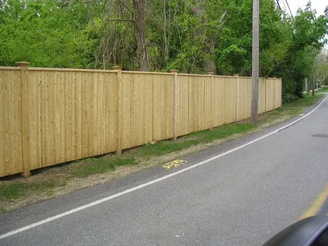 A tall wooden privacy fence runs along the edge of an asphalt road lined with green trees.
