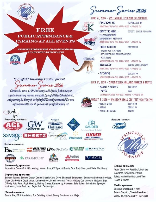 Red and white flyer for a public announcement and event schedule with sponsor logos and text.