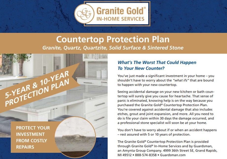 Granite Gold countertop protection plan flyer with tan and blue design, 5–10 year coverage, and warranty details