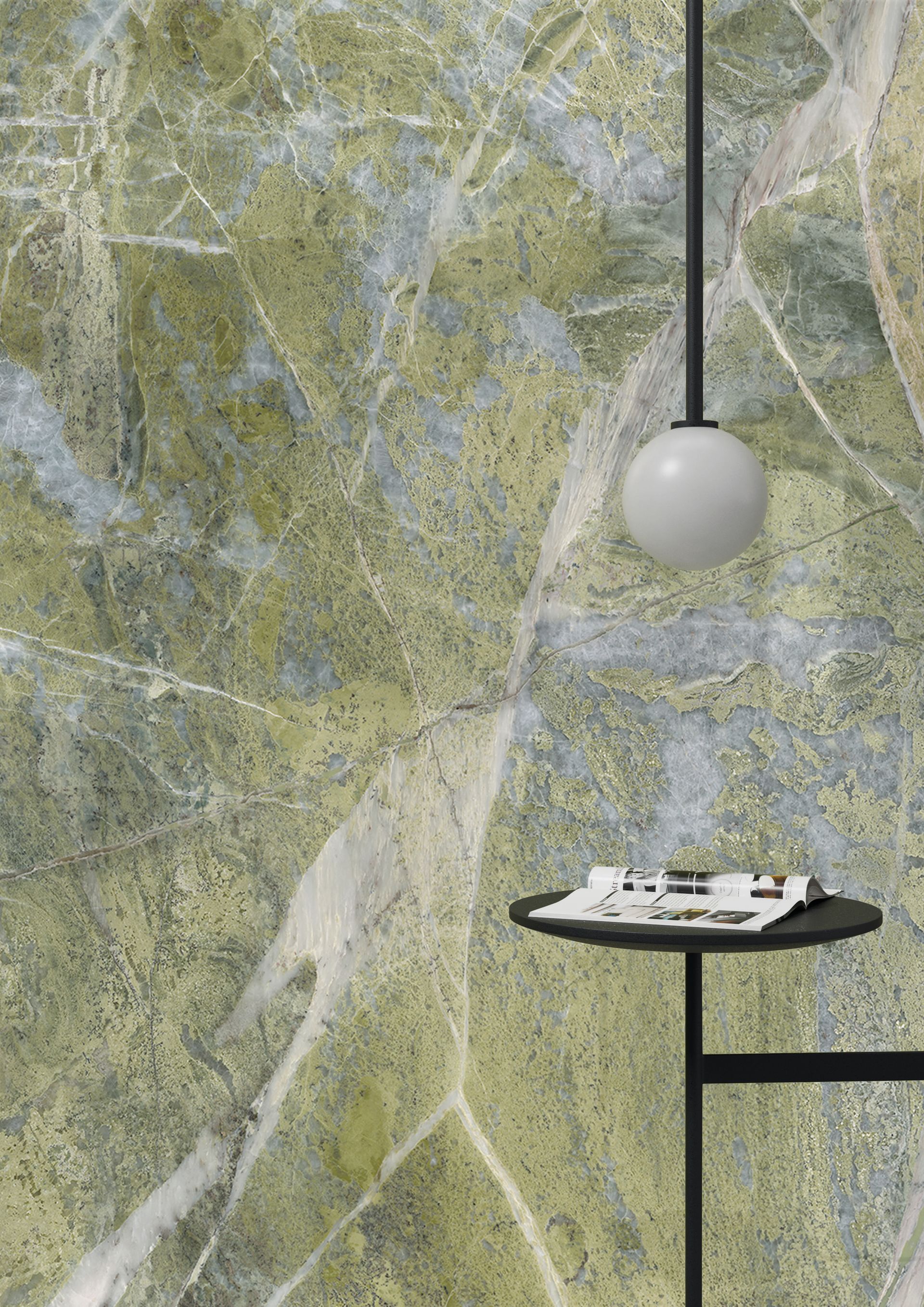 Abstract marble-pattern wall with a hanging pendant light and a small black side table with a tray.