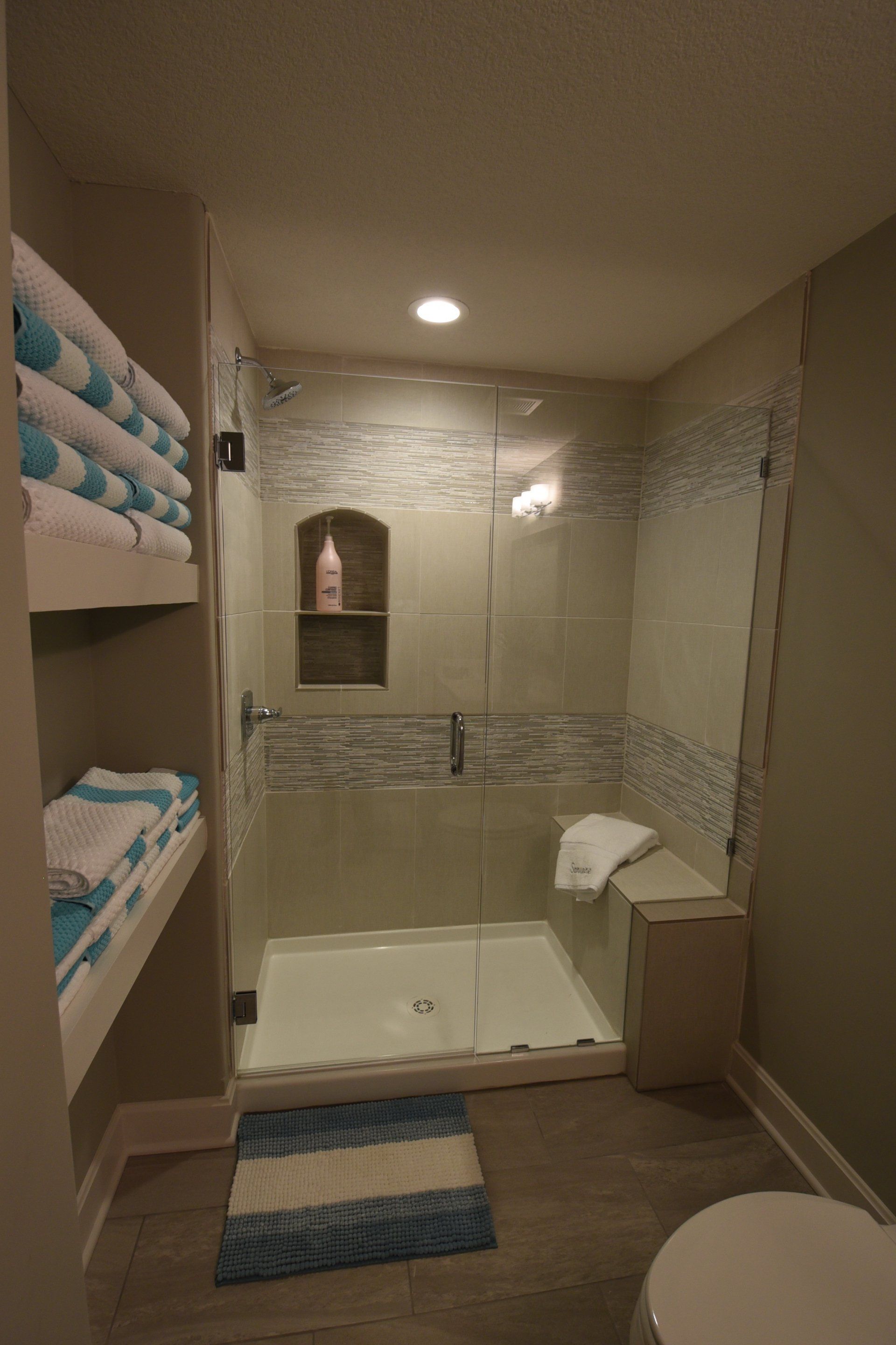 A bathroom with a walk in shower and a toilet.