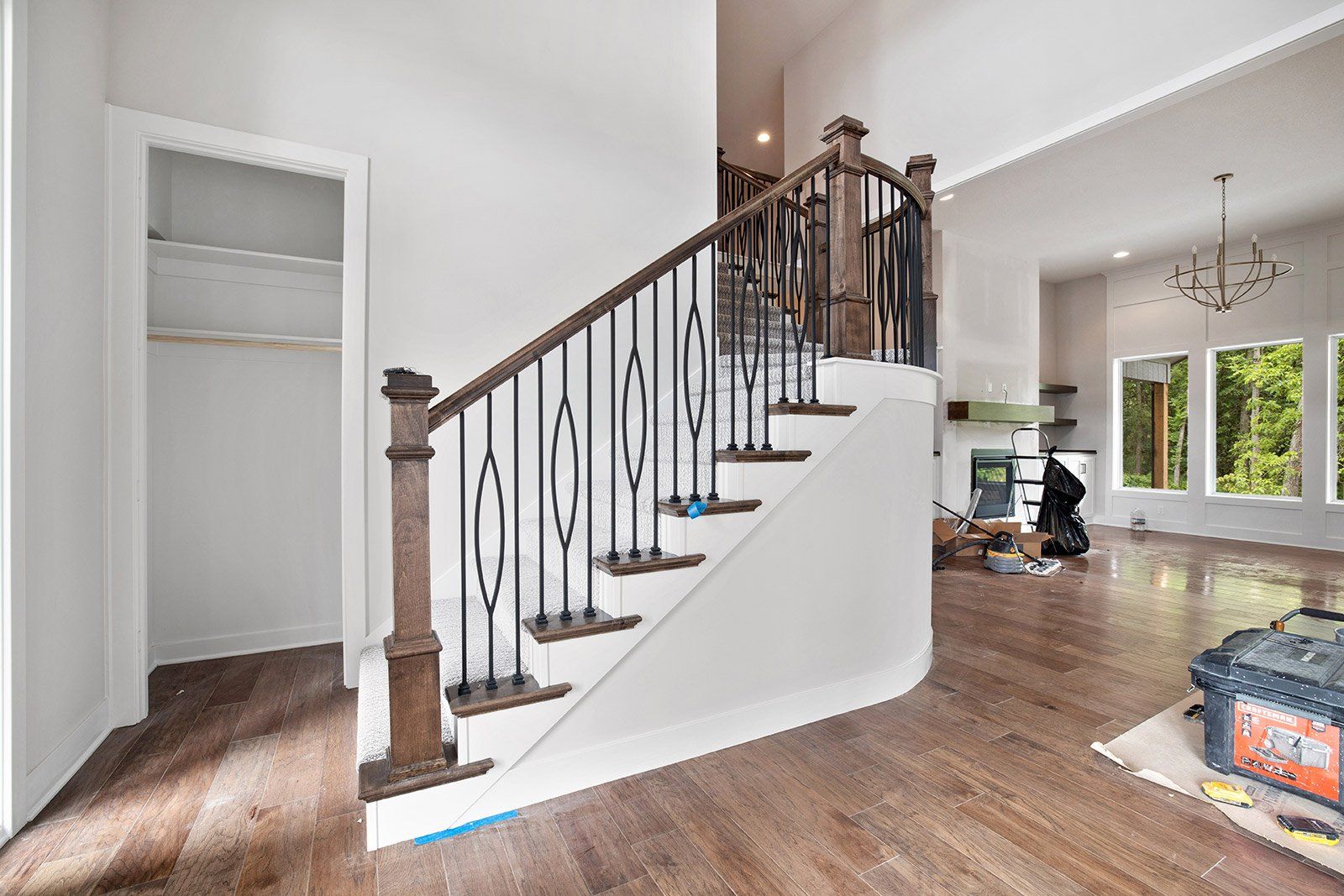 There is a staircase in the middle of the room.