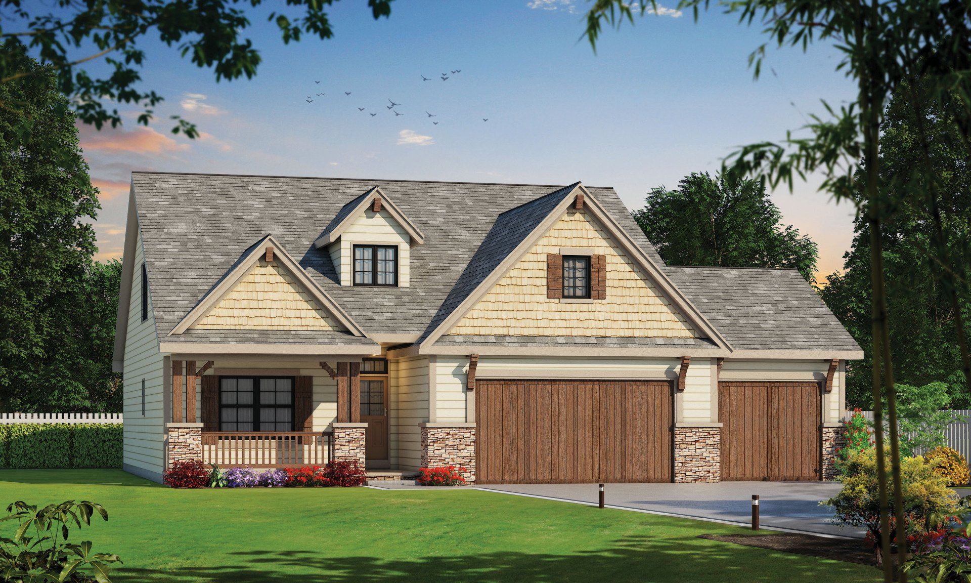 An artist 's impression of a house with two garages and a porch.