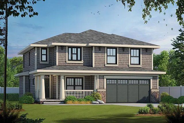 An artist 's impression of a house with a garage and a porch.