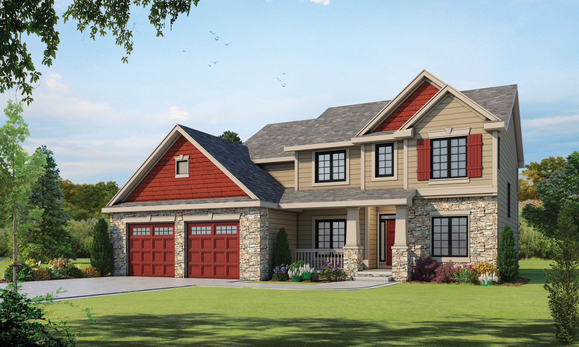 An artist 's impression of a house with two red garage doors