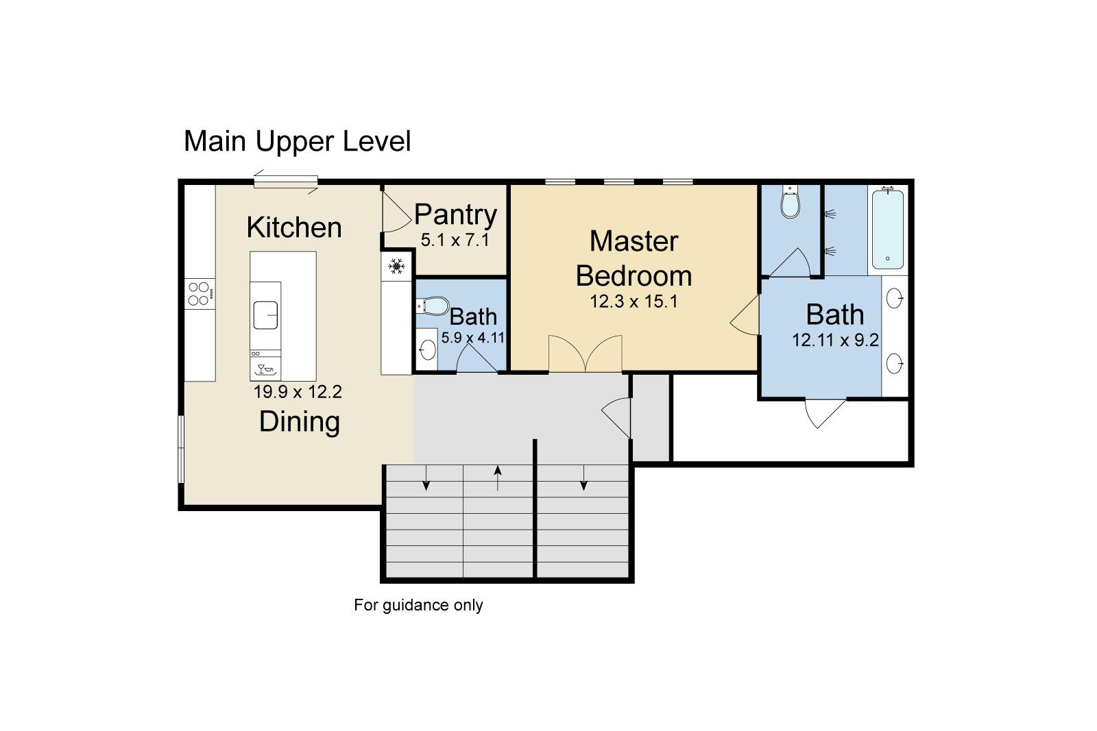 A floor plan of a house showing the main upper level