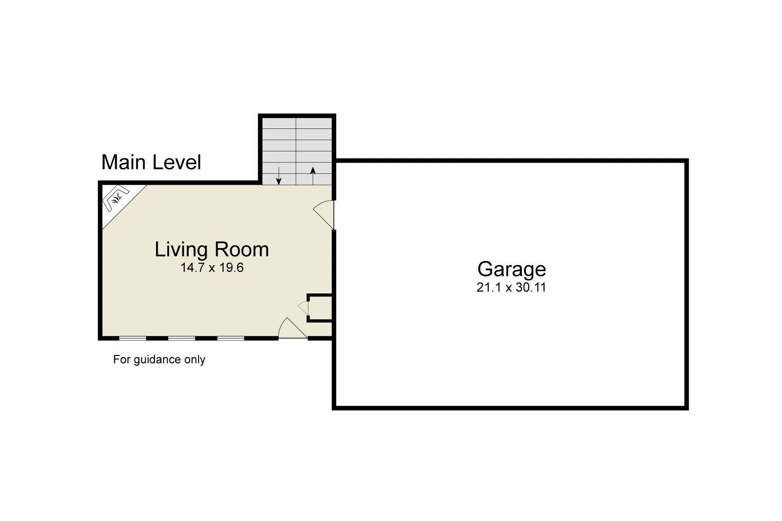 A floor plan of a house with a living room and a garage.