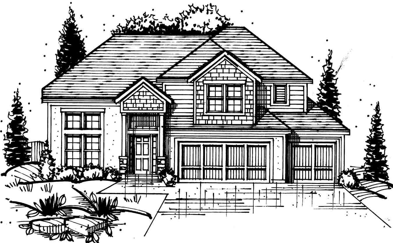 A black and white drawing of a house with trees in the background
