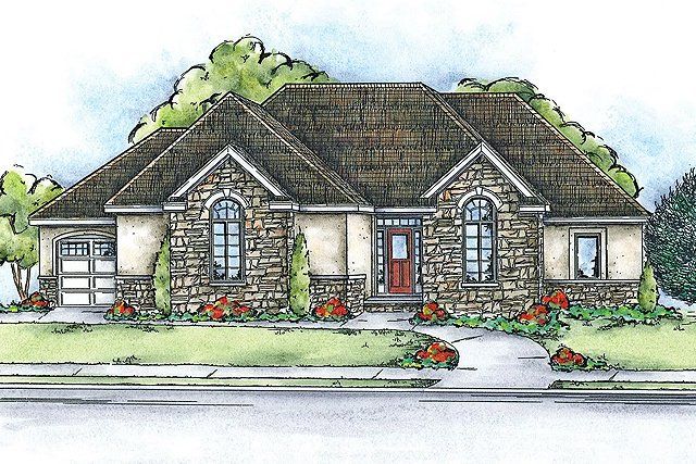 A drawing of a house with a brown roof and a red door.