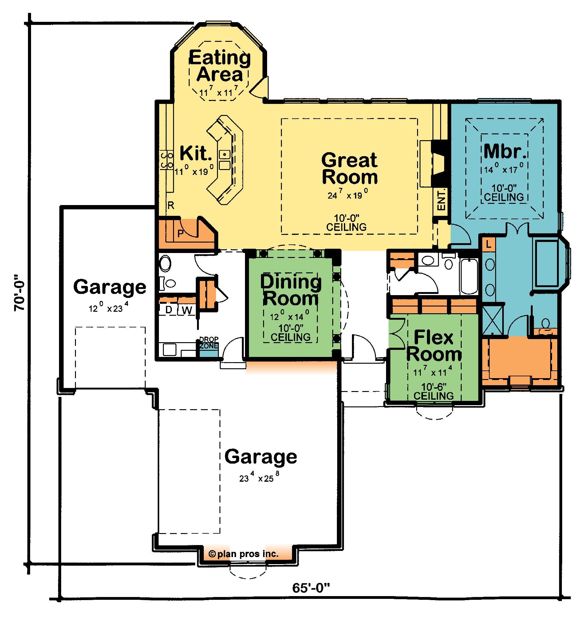A floor plan of a house with a great room dining room and garage