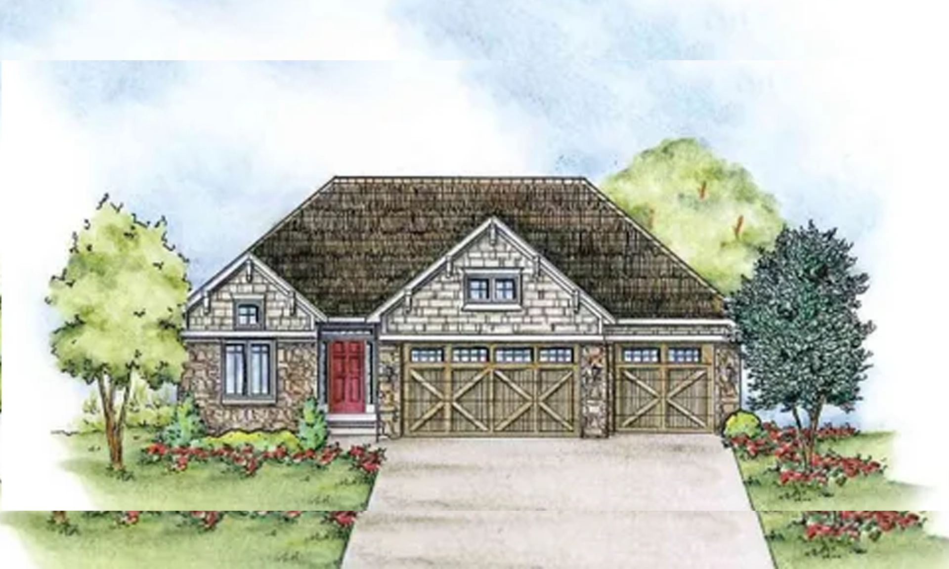 A drawing of a house with a red door