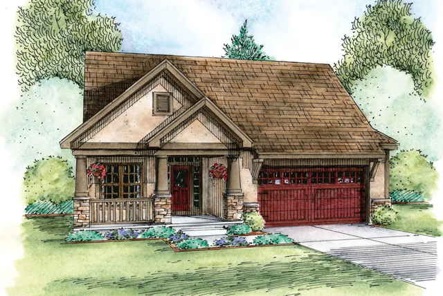 A drawing of a house with a red garage door