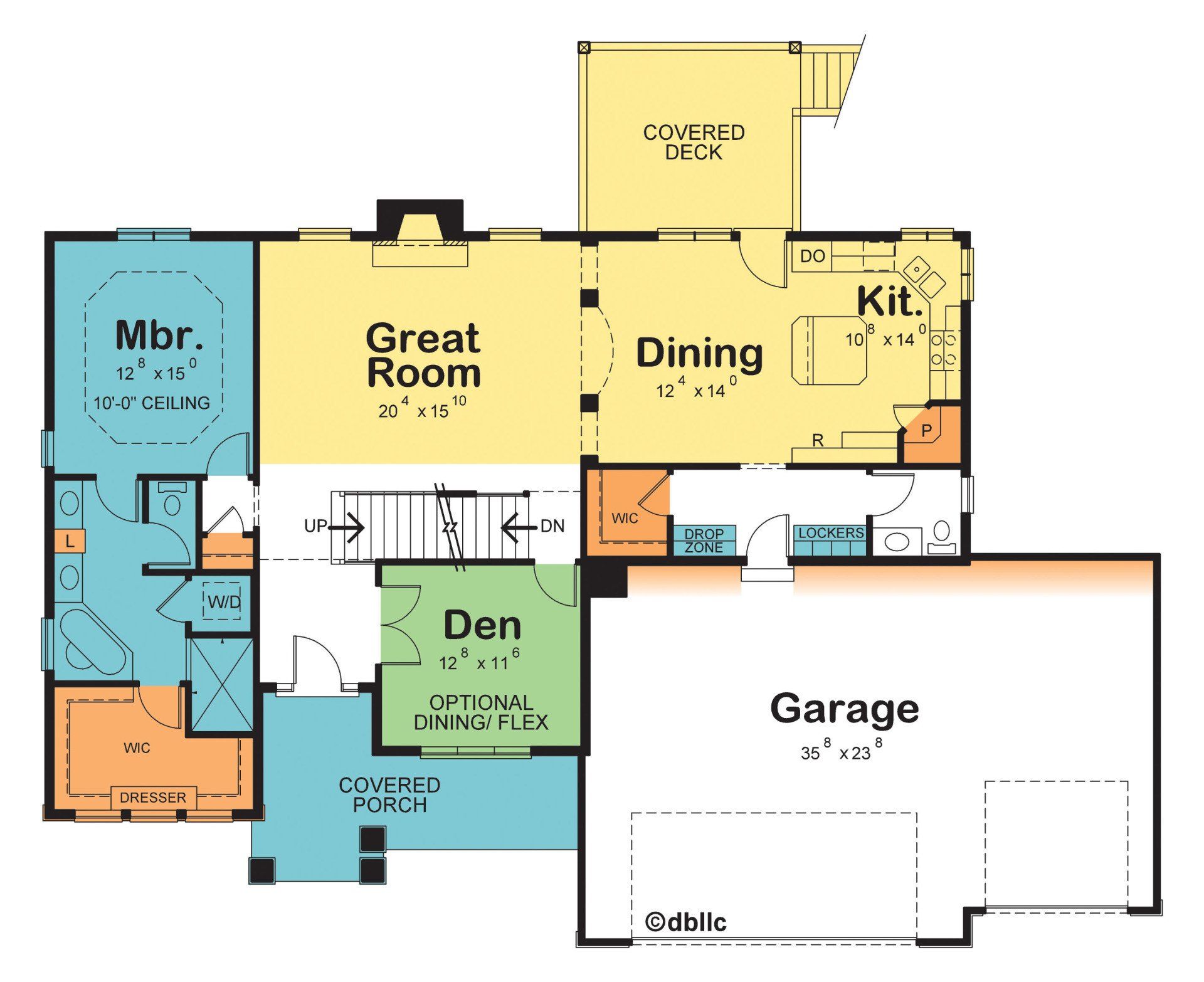 A floor plan of a house with a great room and dining area