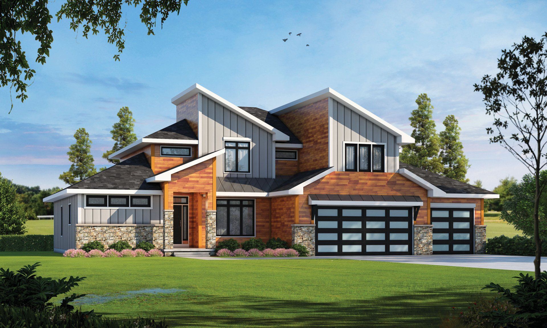 An artist 's impression of a large brick house with two garages.