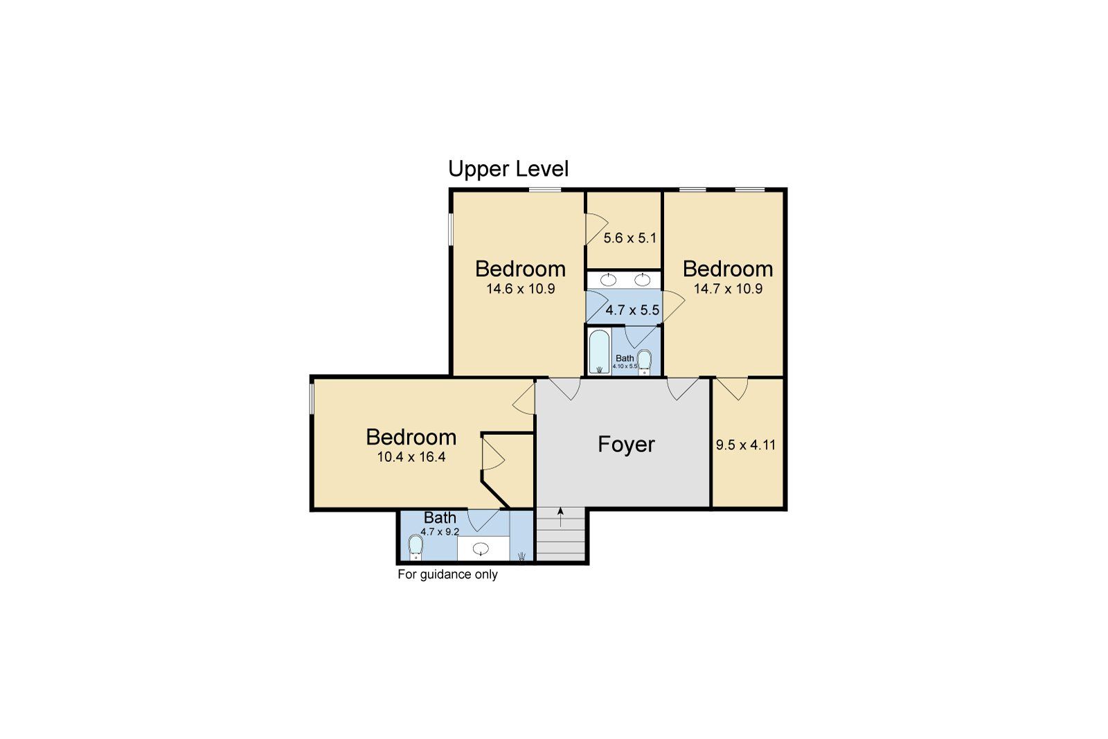 A floor plan of a house with three bedrooms and a foyer.