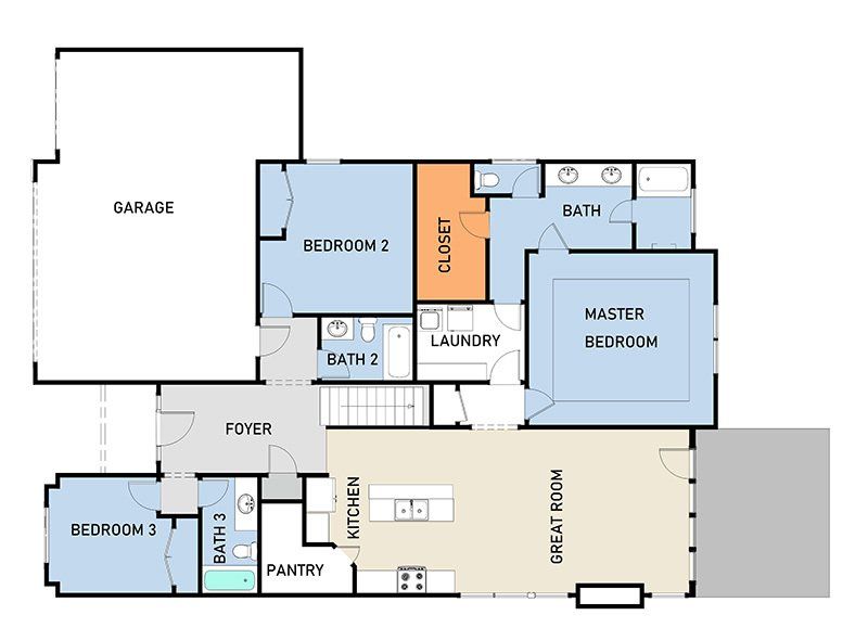 A floor plan of a house with a closet in the middle