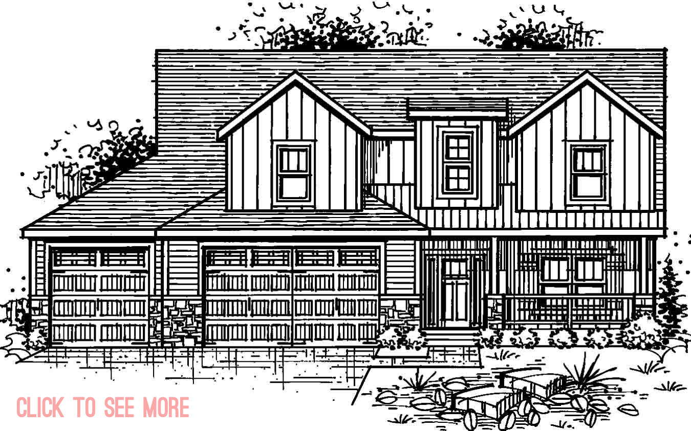 A black and white drawing of a house with the words click to see more below it