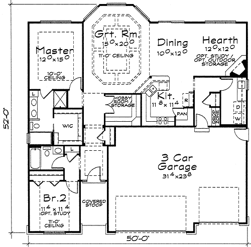 A black and white floor plan of a house with a 3 car garage
