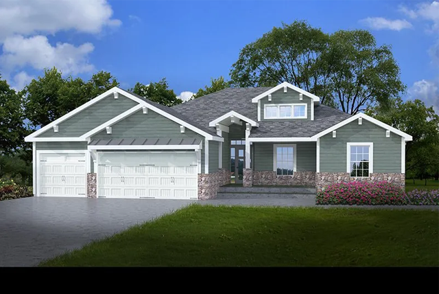 An artist 's impression of a house with green siding and white trim