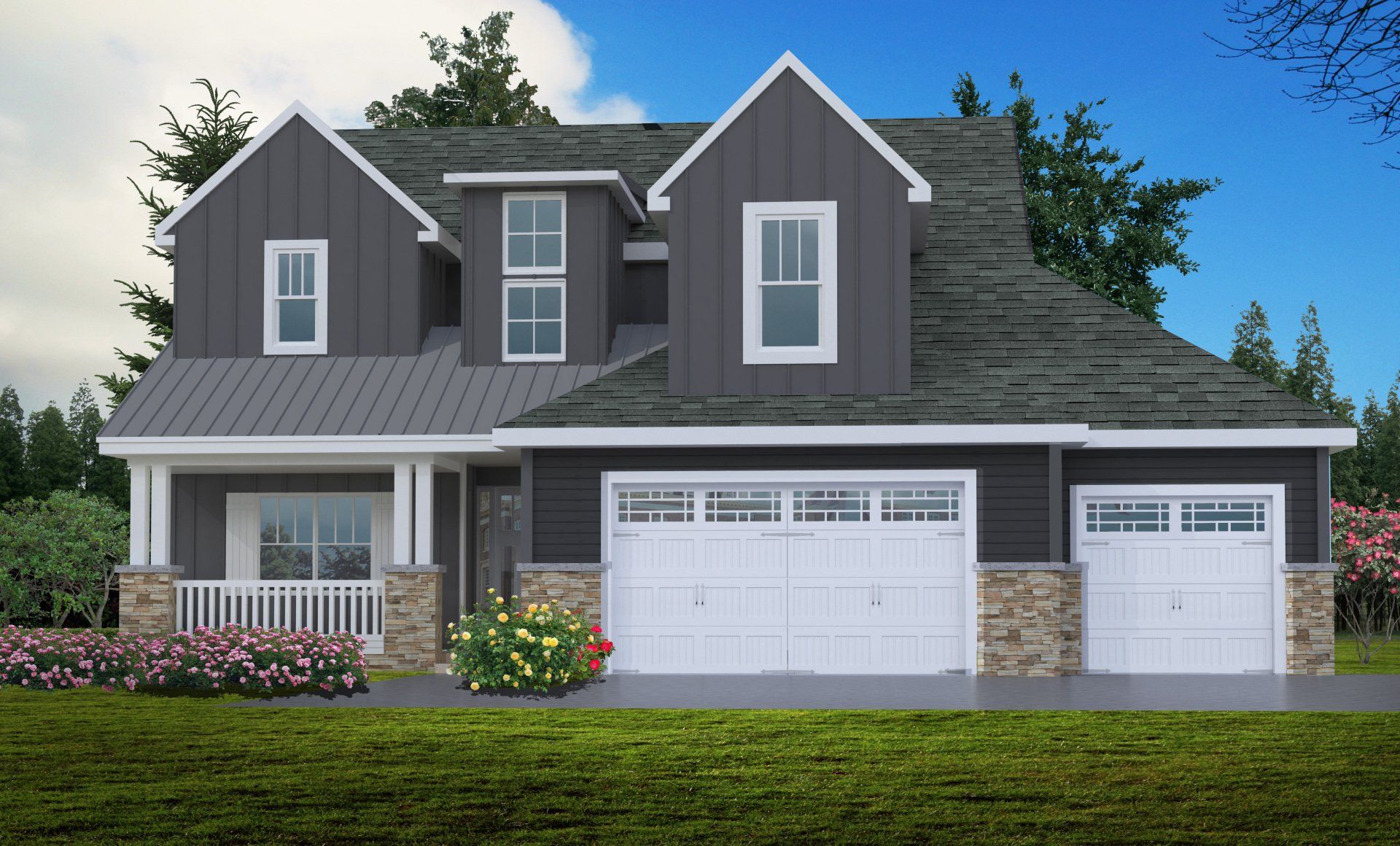 An artist 's impression of a house with two garages and a porch.