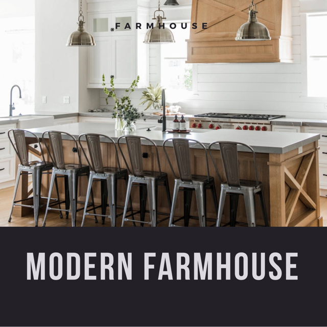 A modern farmhouse kitchen with a large island and stools