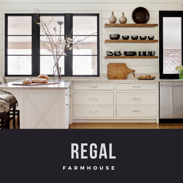A poster for regal farmhouse features a kitchen with white cabinets