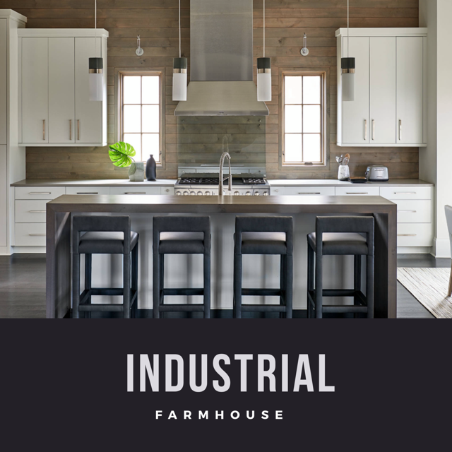 An industrial farmhouse kitchen with white cabinets and black stools
