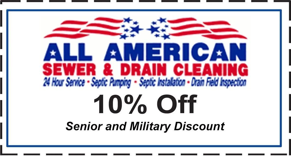 Coupon for All American Sewer & Drain Cleaning, offering a 10% senior and military discount.