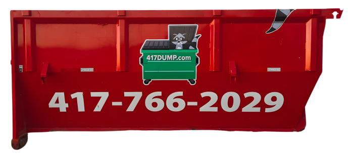Red dumpster with the phone number 417-766-2029 and a green logo reading 417dump.com.