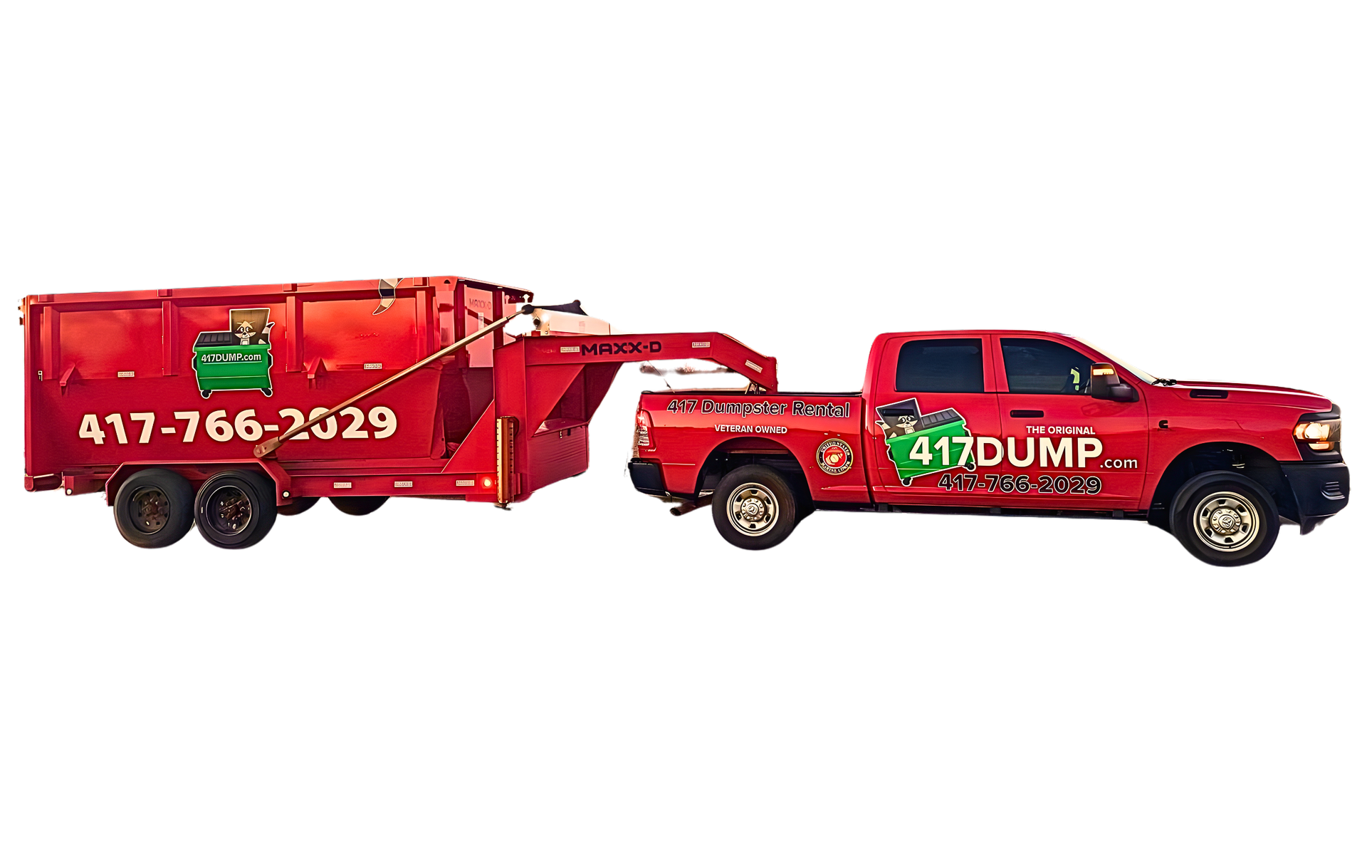 Red pickup truck towing a red dumpster trailer, both branded with "417DUMP" and phone number.