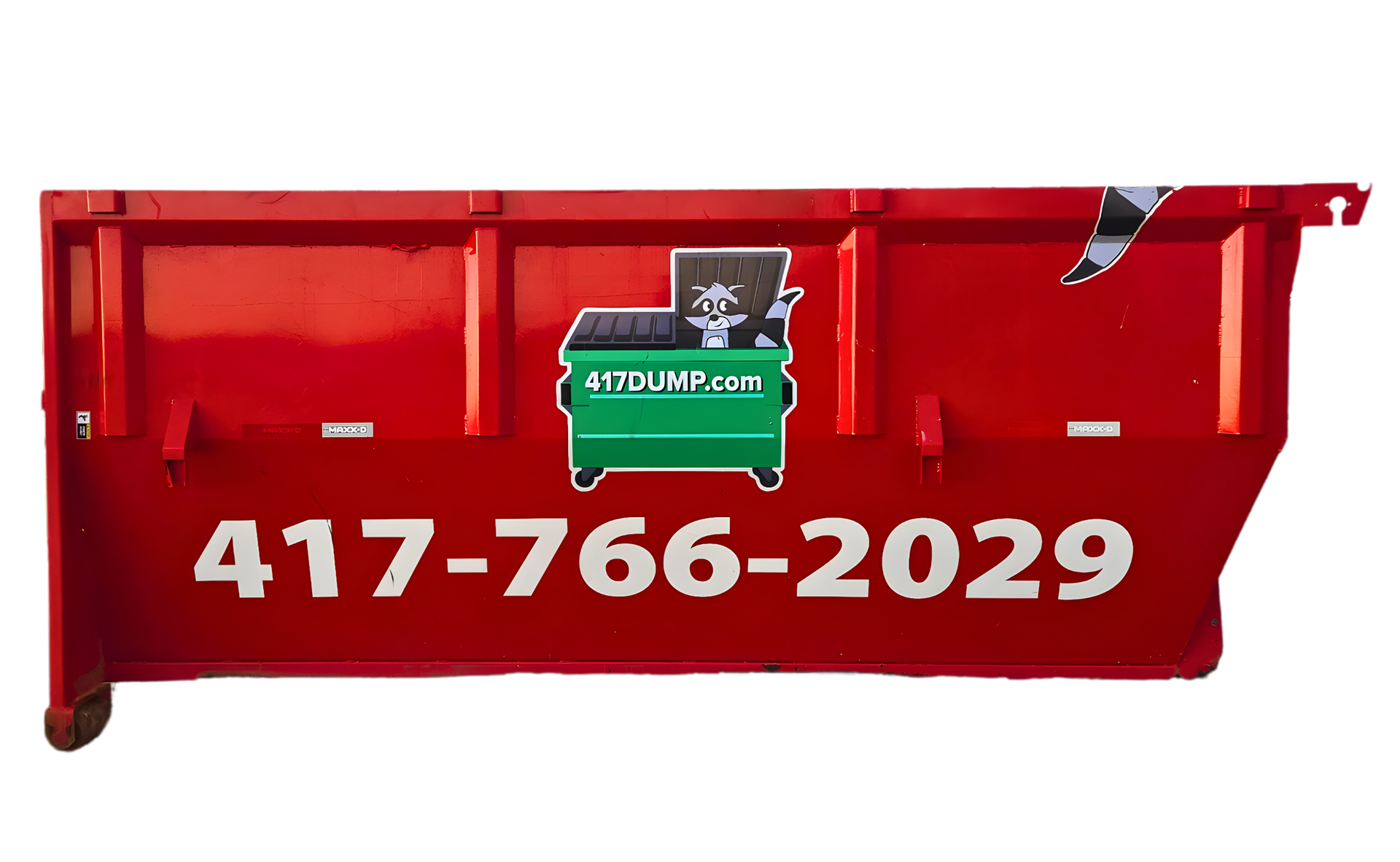Red dumpster with company logo and phone number 417-766-2029 on its side.