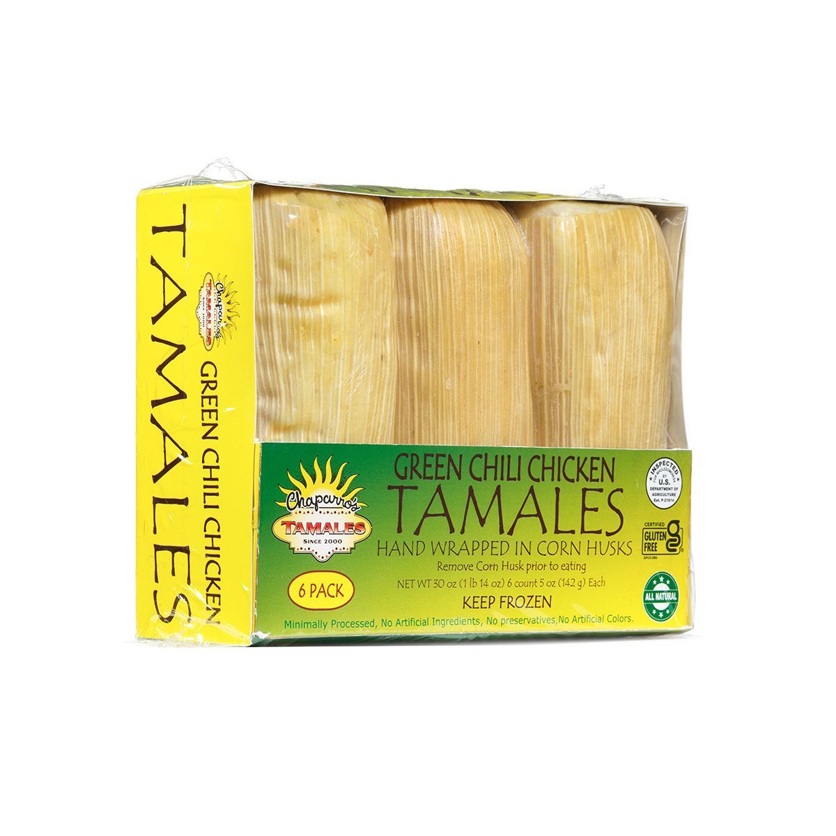 Green Chili Chicken Tamales box with yellow side panel and stacked tamales visible through clear packaging