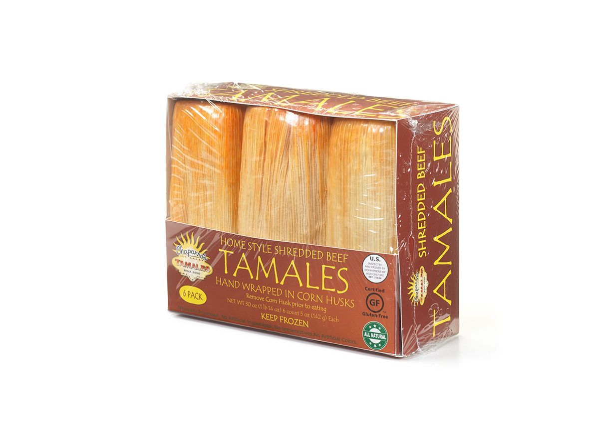 Box of Tamales, brown packaging with red accents on a white background