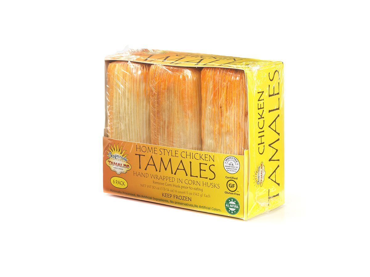 Yellow box of Hormel Chicken Tamales with two tamales visible in the package.