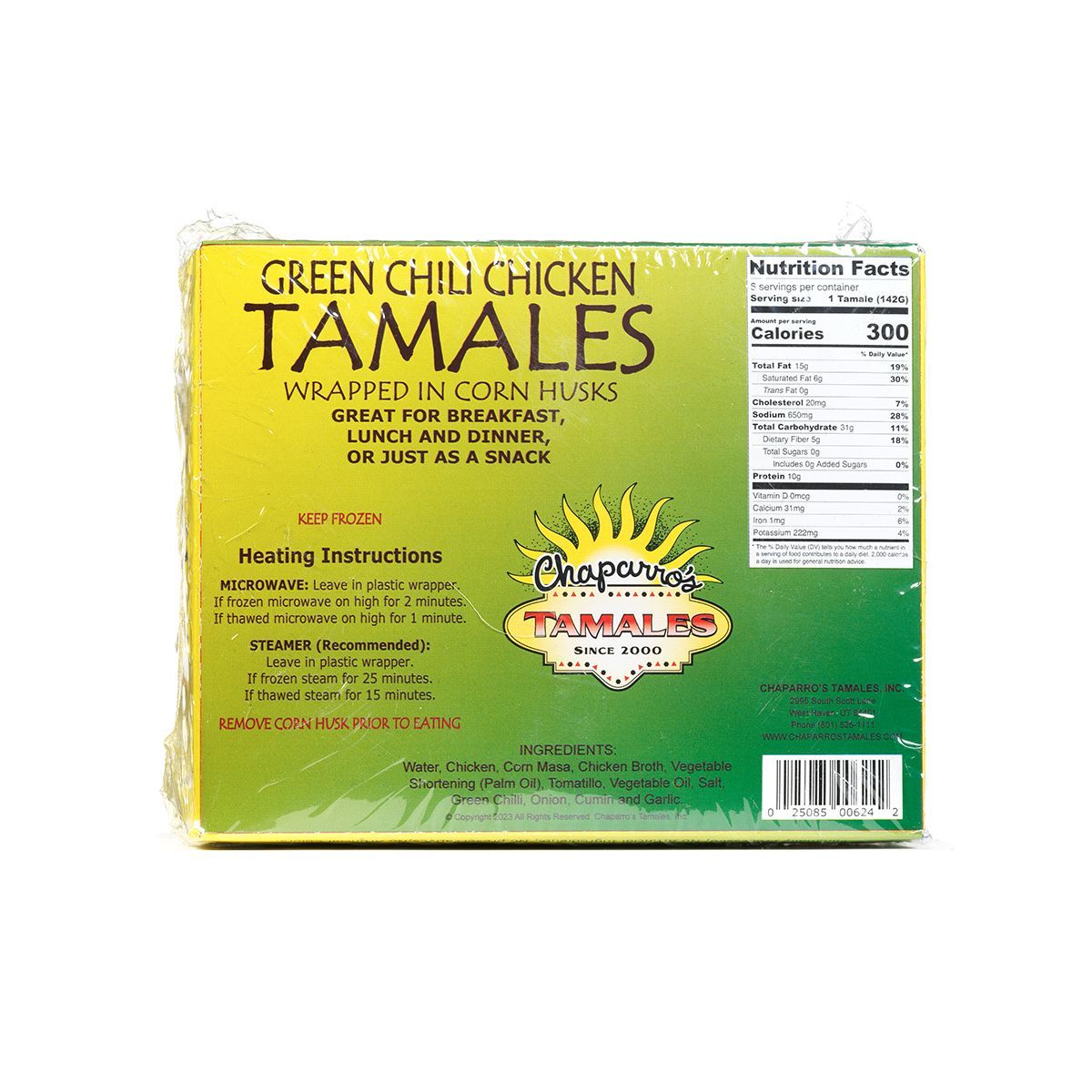 Green Chile Chicken Tamales box, yellow-green packaging with nutrition facts panel and heating instructions
