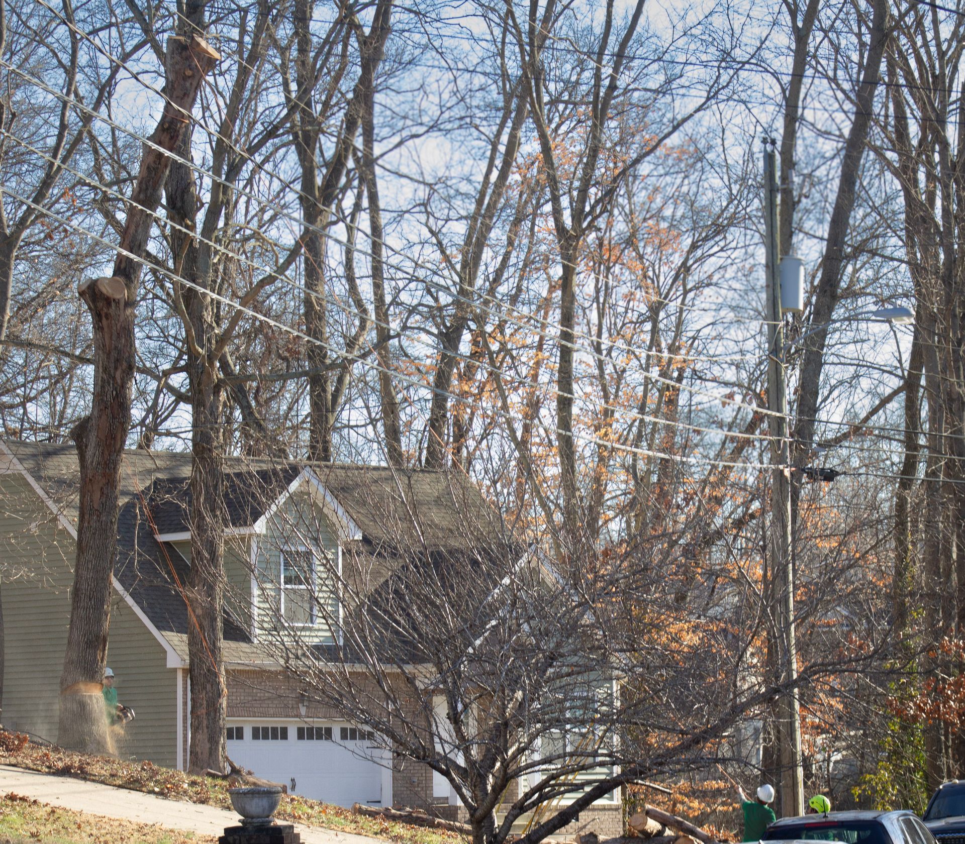 A car is parked on the side of the road in front of a house