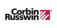 Logo of Corbin Russwin with text and a red square with white diagonal lines.