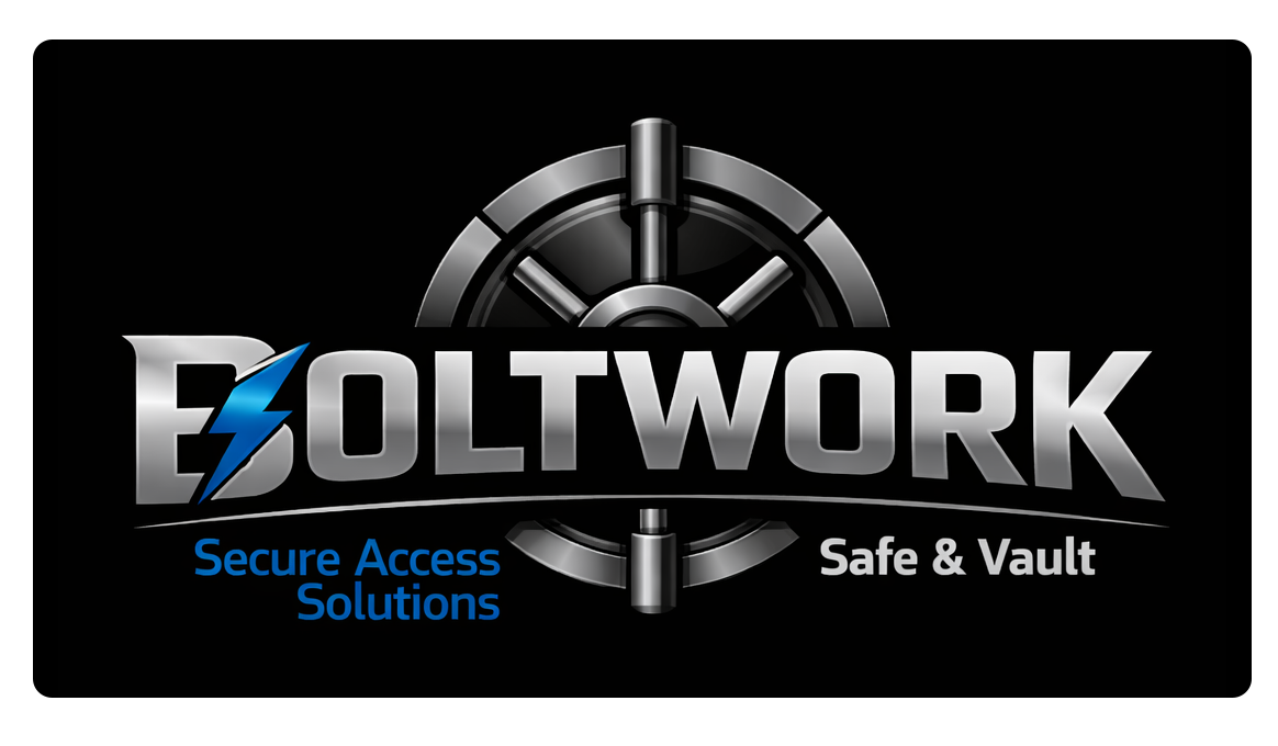 Logo for Boltwork: text with a lightning bolt, a safe door illustration, and the words "Secure Access Solutions" and "Safe & Vault".