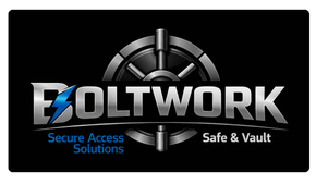 Logo for Boltwork: text with a lightning bolt, a safe door illustration, and the words "Secure Access Solutions" and "Safe & Vault".