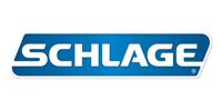 Schlage logo: white text on a blue background, a horizontal rectangle with rounded corners.