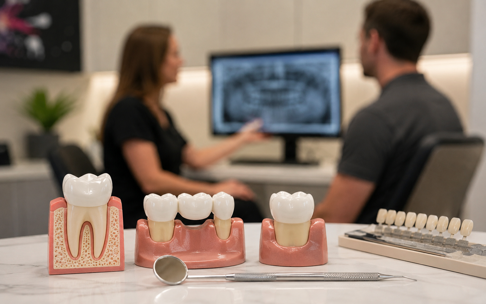Dentist discussing dental crown and dental bridge