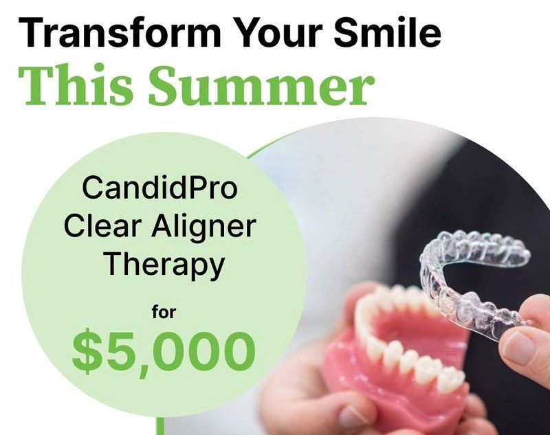 Dental ad for CandidPro clear aligner therapy, “Transform Your Smile This Summer,” $5,000, with clear aligners