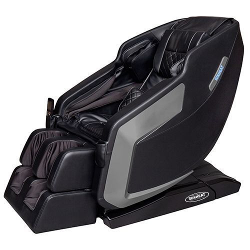 Black and gray massage chair with footrests and remote control.